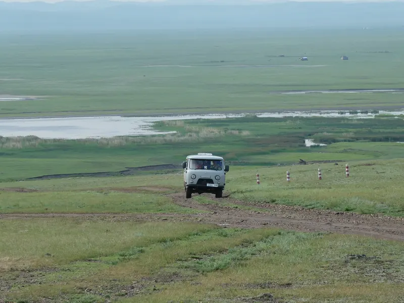 An off-road van on the steppe in Khentii, Mongolia